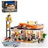 FUNWHOLE City Gas Station Building Set con luci - Kit modulare di mattoni da 1608 pezzi per adulti e ragazzi, utilizzato per esposizione e gioco di viaggio, include veicoli vintage e strumenti