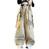 Generic Pantaloni cargo hip hop a gamba larga da ragazza a vita alta multi tasche pantaloni larghi per bambini pantaloni da scuola elasticizzati in vita allentati casual estetici pantaloni alla moda, cachi, 7