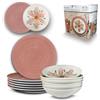 ARCA, Set 12 Piatti Coordinati Flowers in Porcellana Decorata, Servizio per 6 Persone, con Piatti Fondi e Piani, Moderni e Colorati, Lavabili in Lavastoviglie, Colore Rosa