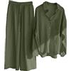 Generic Tuta da donna casual tinta unita retrò taglie forti camicia con bottoni in cotone a vita alta tasca allentata pantaloni lunghi tuta maglione set, Ag-2, XL