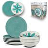ARCA, Set 12 Piatti Coordinati Flowers in Porcellana Decorata, Servizio per 6 Persone, con Piatti Fondi e Piani, Moderni e Colorati, Lavabili in Lavastoviglie, Colore Azzurro