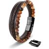 SERASAR Bracciale Uomo Pelle Cuoio Marrone Braccialetto Pietre Agata Gioielli Ragazzo Regalo Compleanno Festa Del Papà Perline Multistrato Naturale 20cm