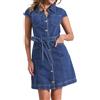 Allegra K Vestito Estivo in Denim da Donna, Casual, con Maniche A Cappuccio, Cintura, Bottoni, Scollo A V, Jeans, Camicia Blu Scuro M