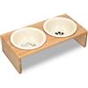 Navaris Set 2X Ciotola Cane Gatto Ceramica - 2X 360ml con Base rialzata in bambù- Set di 2 scodelle con Supporto in Legno per Cibo Acqua croccantini
