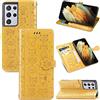 JIUNINE Cover Samsung S21 Ultra 5G, Custodia Libro in Pelle Portafoglio Flip Case Antiurto con Modello di Cane e Gatto [Porta Carte] [Magnetica] [Interno TPU] per Galaxy S21 Ultra, Giallo