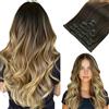 HOTBANANA Extension Capelli Veri Clip, Castano Scuro fino a Castano e Biondo Sporco Evidenziato Extension Clip Capelli Veri 35cm 7pcs Remy Umani Naturali Capelli Extensions 120g