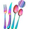 SHEUMNT Set di posate moderne 24 pezzi, Arcobaleno martellato Coltelli seghettati 2 in 1 ultra affilati, Servizio in acciaio inox 18/10 Set per 6 persone, Coltelli, forchette, Cucchiai