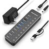 RSHTECH Hub USB Alimentato, RSHTECH 10 porte Hub USB 3.2/USB-C con 3 Porte Dati 10Gbps (2C+1A), 7 Porte 3.0 a 5 Gbps (4C+3A), Alimentazione 12 V/5A 60W, Interruttori Tattili Individuali USB Hub, RSH-ST10C-6