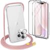 DiDaDi [5 in 1] Cover Trasparente con Cordino per iPhone 12 Pro, Custodia con Regolabile Laccio Tracolla,con 2 Pezzi Vetro Temperato e Pellicola Fotocamera protettiva,Case con Collana,Oro Rosa