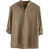 Sonnena Camicia Collo Francese Camicia con Bottoni per Camicia in Cotone e Lino a Maniche Lunghe Casual con Colletto alla Coreana da Uomo Maglia Dolcevita Aderente (Brown, XL)
