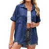 Kanpola Damen Sweatshirts Camicia da donna in jeans, a maniche corte, estiva, con bottone, stile retrò, camicetta in jeans, Blu, S