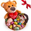 NARAMAKI Regalo Pasqua 2025 - Cestino Vimini con 200gr Ovetti di Cioccolato Assortiti + Peluche con Cuore 16cm + Appendino - Regalo Festa della Mamma
