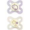 MAM Succhietto Original Start Night 0-2 Mesi Set da 2 silicone e porta ciuccio sterilizzatore, Lilla - MAM