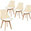 IPOTIUS Set di 4 Sedie Scandinave da Pranzo con Schienale Trasparente Marrone e Gambe in Faggio, Design Nordico Classico per Cucina/Ufficio/Giardino con Cuscino in Pelle Bianca