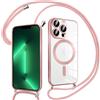 Pnakqil Magnetica Cover con Cordino per iPhone 13 Pro, Compatibile con Magsafe Ricarica Wireless, Trasparente Placcatura Disegno Custodia con Collana con Regolabile Laccio Tracolla, Rosa