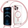 Pnakqil Magnetica Cover con Cordino per iPhone 12 Pro Max, Compatibile con Magsafe Ricarica Wireless, Trasparente Placcatura Disegno Custodia con Collana con Regolabile Laccio Tracolla, Rosa