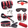 BONDAGERIE® Kit Accessori coppia manette cavigliere corda benda frustino gàgball silicone, da otto pezzi, in ecopelle, sacco in raso incluso