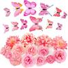 MWOOT 26 Pezzi Teste di Fiori Artificiali 3D Farfalle, Fiori Finti Piccoli per Decorazioni, Rose Garofano Finte per Fai da te Corona Torta Bouquet Da Sposa Matrimonio Festa Casa Giardino(Rosa)
