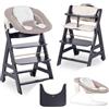 hauck Seggiolone Beta+ Newborn Set - Seggiolone Evolutivo in Legno, con Sdraietta Neonati 2in1 (Dondolo Neonati), Cuscino Seduta, Vassoio - Grigio scuro