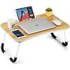 BAKAJI Tavolino da Letto, Vassoio per Colazione Divano, Tavolo Porta Tablet, Notebook, PC, Struttura in Metallo Pieghevole, Leggio Piano in Legno Venato 60 x 40 x 28 cm (Beige)