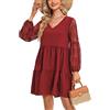 chuangminghangqi Mini abito estivo da donna, abito con scollo a V, maniche a lanterna, abito a maniche lunghe in pizzo, abito sexy elegante, con tasche da spiaggia per vacanze, Rosso vino., S