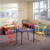 FurnitureR Set da tavolo e sedia pieghevole per bambini, 1 tavolo (61 x 61 x 51 cm) con imbottitura in PVC blu e struttura in metallo + 2 sedie imbottite in rosso e giallo, salvaspazio, stabile e