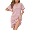 Lovasy Camicia da Notte Cotone Donna Estiva a Maniche Corte Vestito Pigiama Leggero con Bottoni a Righe Scollo a V Sexy Sottoveste Curvy Abito da Notte con Tasche D Rosa S
