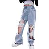 Happy Cherry - Jeans da ragazza in denim per bambini, pantaloni larghi a gamba larga, pantaloni strappati, pantaloni larghi per bambini, jeans dritti elasticizzati a vita alta, colore azzurro, alla