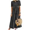 Osheoiso Vestiti Jeans Donna Estivi Camicia Lunga Vestiti Maniche Corte Scollo a V Estate Blu Casual Spiaggia Vestito Denim con Tasche Button-Down Nero L