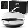NIRO Wok Antiaderente Triplo Strato (Acciaio Inox + Alluminio) Ø32cm, COPERCHIO INCLUSO, Antigraffio, NO PFOA, Per Piano Cottura Induzione, Ceramica, Elettrico, Gas, Forno, Manico Anti Scottatura
