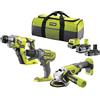 Ryobi - Trio 18V ONE+: trapano avvitatore a percussione + martello perforatore SDS+ + smerigliatrice angolare 115 mm - Consegnato in borsa con 2 batterie 4 e 2 Ah e 1 caricatore rapido - RCK183D-242S