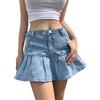 Generisch Donna Pleated Jean Skirt Casual A Line Ruffle Mini Camicette da sci Denim, Azzurro, S