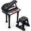 COSTWAY Tastiera Pianoforte a 31 Tasti con Microfono e Sgabello, Pianoforte Giocattolo Portatile con Modalità di Insegnamento a LED, Pianoforte a Coda per Bambini 3+ Anni (Nero), 35 x 30 x 55 cm
