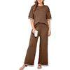 Vioyavo Completo di 2 Pezzi da Donna Estivo Tinta Unita Elegante Set di Pantaloni 2 Pezzi Sciolto Maglietta a Maniche Corte con Girocollo + Pantaloni a Gamba Larga con Spacco Streetwear (Marrone, L)