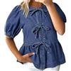 FASLOLSDP Camicia in denim da donna con maniche a sbuffo e orlo increspato, con fiocco, morbida, a maniche corte, in jeans, per l'estate e il tempo libero, Blu, S