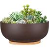 Thirtypot Fioriera in terracotta da 25 cm, grande vaso per bonsai con foro di drenaggio e piattino in bambù, per piante da interno, marrone