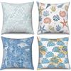 ASDCXZ Maritim - Set di 4 federe per cuscino, 40 x 40 cm, con bussola, stelle marine, corallo, blu e bianco, per divano, cuscino decorativo, lavabile in poliestere, lino, tessuto per esterni