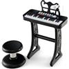 KOMFOTTEU Pianola Bambini Musicale Tastiera, Tastiera Digitale a 37 Tasti, Mini Tastiera con Effetti Luminosi e Microfono, Strumenti Musicali con Sgabello, 22 Battiti/4 Toni/4 Ritmi (Nero)