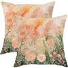Generic Set di 2 federe per cuscini floreali, color pesca e arancio, fiori di campo da giardino, decorazione primaverile per esterni, quadrate, rustiche, per casa, divano, letto, 50 x 50 cm