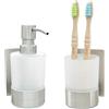 Dolvhin® Set Dispenser Sapone e Bicchiere Bagno | Dosatore Liquido & Portaspazzolino Vetro Satinato | Supporto Inox Senza Forare | Dispenser Adesivo da Parete | Set Accessori Bagno | Grigio Argento