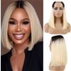 Huarisi 10 Inch Upart Bob Wig Human Hair Blonde 1B/613 Ombre Bob Wigs None Lace for Women Short Real Hair Black Roots to Bleach Blonde Leave Out Natural