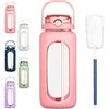 BLUEGO Bottiglia d'acqua sportiva grande in vetro borosilicato da 2 litri con custodia in silicone, Rosa, Cannuccia, Riutilizzabile, Per attività fisiche all'aperto e uso quotidiano