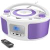 WISCENT Radio Portatili Boombox con Bluetooth, Telecomando, Lettore CD Stereo con Radio FM, Ingresso Blue Tooth, USB, AUX-IN,Compatibile CD-R/CD-RW,AC o Alimentato a Batteria (Viola)