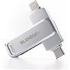 BLANBOK+ MFi Certificazione 128GB Chiavetta USB per iPhone, 3 in 1 Pen Drive Chiavetta Lightning USB C per iPhone con Adattatore USB 3.0, Memoria Esterna per iPhone/iPad/Android/PC/Mac (Argento)