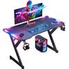 HLFURNIEU LED Scrivania Gaming 140 x 60 cm, Postazione Gaming Ergonomica, Tavolo Gaming con Tappetino per Mouse, Portabicchieri e Ganci Per Cuffie, Scrivania Gamer Nero