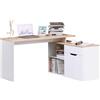 HOMCOM Scrivania Angolare con Piano Estraibile e Libreria con 2 Ripiani Regolabile, Armadietto e Cassetto, Scrivania PC in Legno e MDF, 140x117x76 cm, Color Legno e Bianco