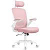 SONGMICS Sedia da Ufficio Girevole, Sedia di Rete da Computer Ergonomica, Supporto Lombare, Oscillante, Seduta 53 cm, Braccioli Pieghevoli, Poggiatesta, Rosa Pastello OBN047R01