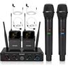 MELONARE Sistema microfonico wireless UHF a 4 canali con 4x10 frequenze, 200 piedi, 2 microfoni dinamici palmari, 2 bodypack e microfoni per cuffie/lapelle per canto, karaoke, DJ (MWM-41-2H2B)