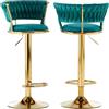 BAKAJI Set 2 Sgabelli da Cucina con Rivestimento in Velluto e Schienale Intrecciato e Altezza Regolabile, Sedie da Bar, Ristorante, Struttura Girevole in Oro con Poggiapiedi, Design Moderno (Verde)