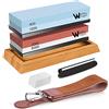 wucgea Pietra per affilare - Set di affilacoltelli professionale 400/1000 3000/8000 con base in bambù antiscivolo pietra per appiattire guida angolare cordino in pelle